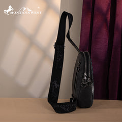 MW1324G-2101 Montana West Floral Tooled Genuine Cowhide Hair-On Trimmed Sling Bag - Black