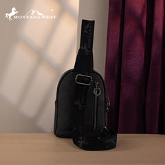 MW1324G-2101 Montana West Floral Tooled Genuine Cowhide Hair-On Trimmed Sling Bag - Black