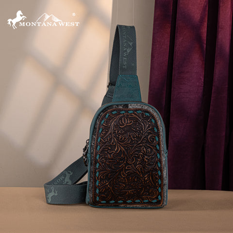 MW1234G-2101 Montana West Floral Tooled Genuine Cowhide Hair-On Trimmed Sling Bag - Turquoise