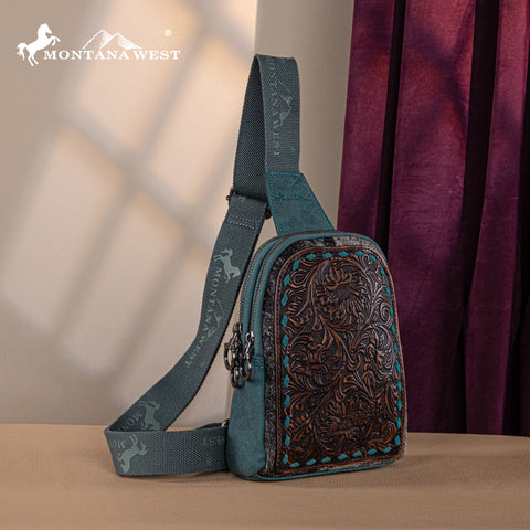 MW1324G-2101 Montana West Floral Tooled Genuine Cowhide Hair-On Trimmed Sling Bag - Turquoise