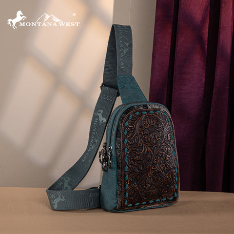 MW1234G-2101 Montana West Floral Tooled Genuine Cowhide Hair-On Trimmed Sling Bag - Turquoise