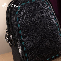 MW1324G-2101 Montana West Floral Tooled Genuine Cowhide Hair-On Trimmed Sling Bag - Black