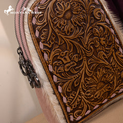 MW1324G-2101 Montana West Floral Tooled Genuine Cowhide Hair-On Trimmed Sling Bag - Pink