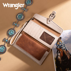WG195-W055  Wrangler Western  Tri-fold RFID Wallet/Wristlet With Detachable Credit Card Holder -Brown-Tan