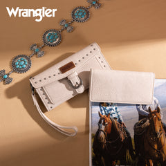WG195-W055  Wrangler Western  Tri-fold RFID Wallet/Wristlet With Detachable Credit Card Holder -Tan