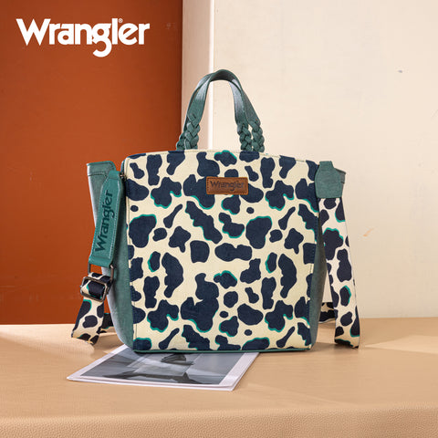 WG264-8014DTQ  Wrangler Cow Print Concealed Carry Tote/Crossbody- Dark Turquoise