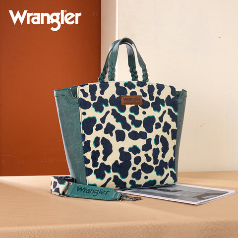 WG264-8014DTQ  Wrangler Cow Print Concealed Carry Tote/Crossbody- Dark Turquoise