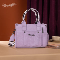 SP-WG102-8120SPP   Wrangler Cow Print Concealed Carry Tote/Crossbody - Purple