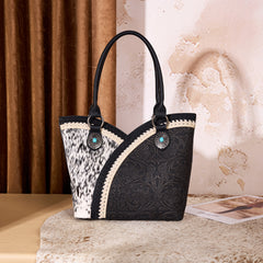 MW1365-8005BK Montana West Tooled & Cowhide Whipstitch Tote Bag - Black