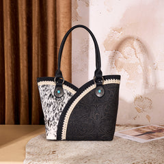 MW1365-8005BK Montana West Tooled & Cowhide Whipstitch Tote Bag - Black