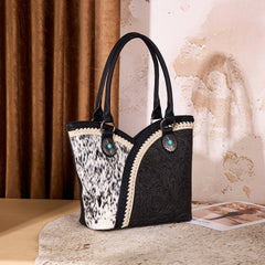 MW1365-8005BK Montana West Tooled & Cowhide Whipstitch Tote Bag - Black