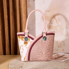 MW1365-8005PK  Montana West Tooled & Cowhide Whipstitch Tote Bag - Pink