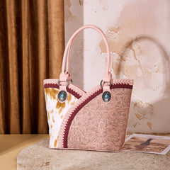 MW1365-8005PK  Montana West Tooled & Cowhide Whipstitch Tote Bag - Pink