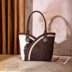 MW1365-8005CF  Montana West Tooled & Cowhide Whipstitch Tote Bag - Coffee