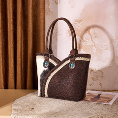 MW1365-8005CF  Montana West Tooled & Cowhide Whipstitch Tote Bag - Coffee
