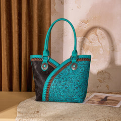 MW1365-8005TQ   Montana West Tooled & Cowhide Whipstitch Tote Bag - Turquoise