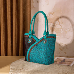 MW1365-8005TQ   Montana West Tooled & Cowhide Whipstitch Tote Bag - Turquoise