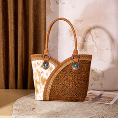MW1365-8005BR  Montana West Tooled & Cowhide Whipstitch Tote Bag - Brown