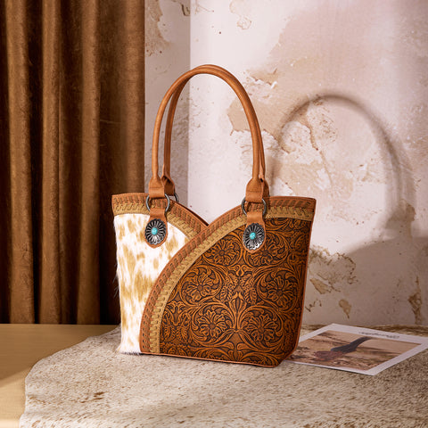 MW1365-8005BR  Montana West Tooled & Cowhide Whipstitch Tote Bag - Brown