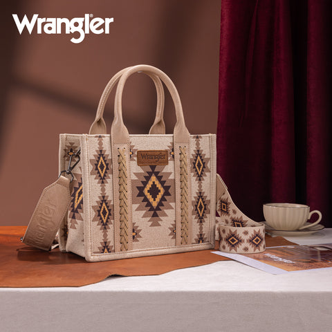 WG226-8120S  Wrangler Aztec Pattern Dual Sided Print -Tote/Crossbody -Tan