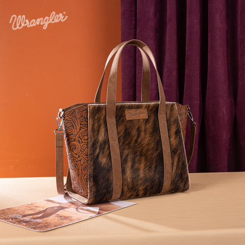 WG252-8012  Wrangler Genuine Hair-On Cowhide  Wide Tote/Crossbody- Brown
