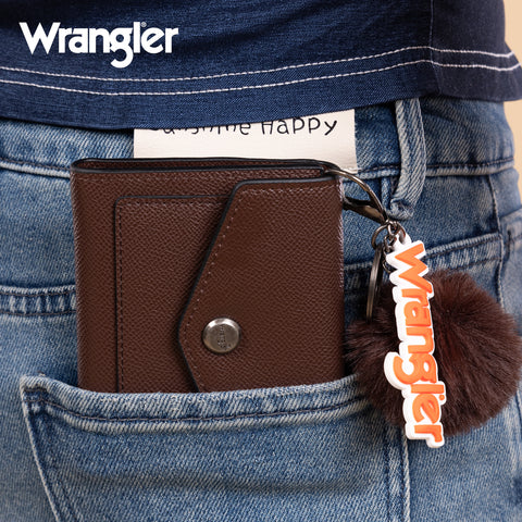 WG274-W079   Wrangler Tri-Fold Wallet with Keyring Pom Pom - Coffee