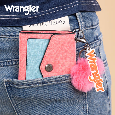 WG274-W079   Wrangler Tri-Fold Wallet with Keyring Pom Pom - Pink-Blue