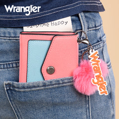 WG274-W079   Wrangler Tri-Fold Wallet with Keyring Pom Pom - Pink-Blue