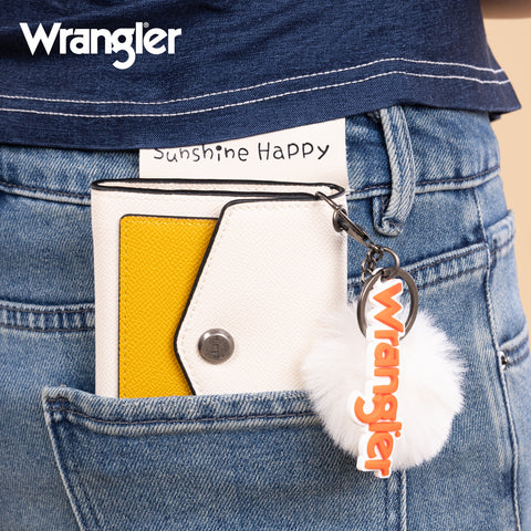 WG274-W079   Wrangler Tri-Fold Wallet with Keyring Pom Pom  - Tan-Brown
