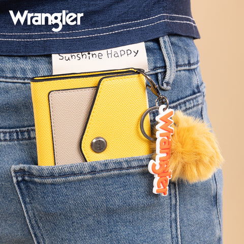 WG274-W079   Wrangler Tri-Fold Wallet with Keyring Pom Pom- Yellow -Khaki