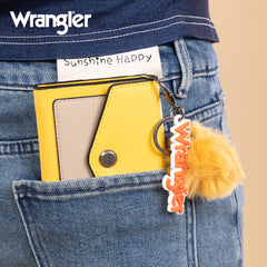 WG274-W079   Wrangler Tri-Fold Wallet with Keyring Pom Pom- Yellow -Khaki