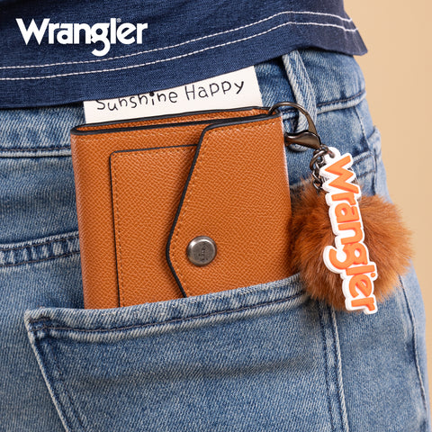 WG274-W079   Wrangler Tri-Fold Wallet with Keyring Pom Pom -Brown
