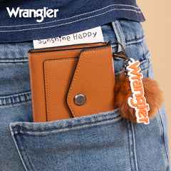 WG274-W079   Wrangler Tri-Fold Wallet with Keyring Pom Pom -Brown