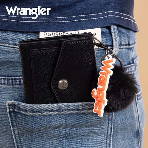 WG274-W079   Wrangler Tri-Fold Wallet with Keyring Pom Pom - Black