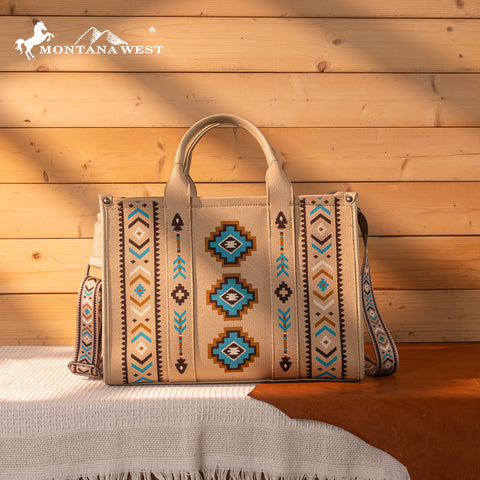 MW1333-8113 Montana West Aztec Retro Arrows Dual Sided Print Large Tote/Crossbody-Tan
