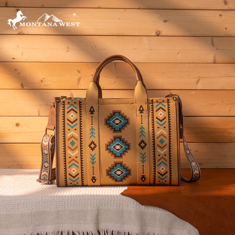 MW1333-8113 Montana West Aztec Retro Arrows Dual Sided Print Large Tote/Crossbody-Brown