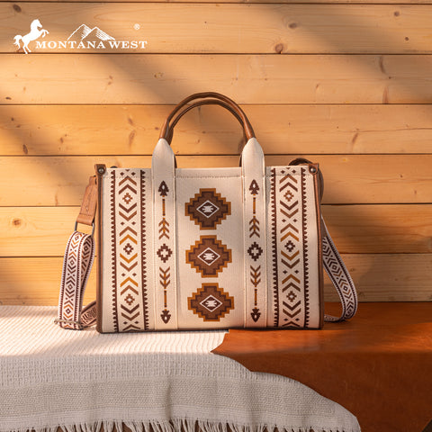 MW1333-8113 Montana West Aztec Retro Arrows Dual Sided Print Large Tote/Crossbody-Beige