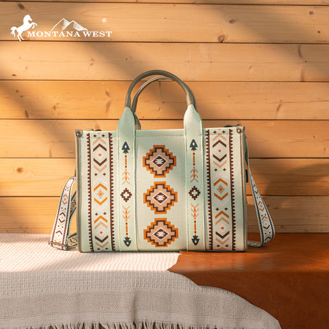 MW1333-8113 Montana West Aztec Retro Arrows Dual Sided Print Large Tote/Crossbody-Green