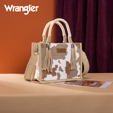 WG386-8120S  Wrangler Cow Print Tote/Crossbody -Tan