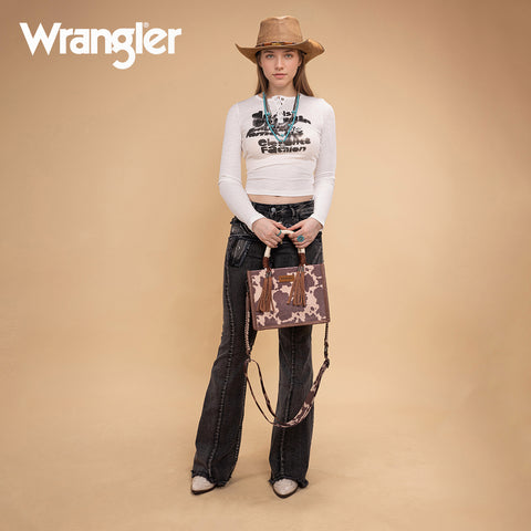 WG386-8120S  Wrangler Cow Print Tote/Crossbody -Light Coffee