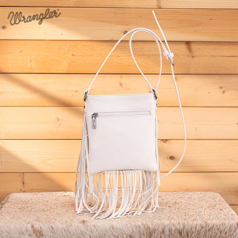 WG367-8360  Wrangler Leather Fringe Jean Denim Pocket Crossbody - Beige