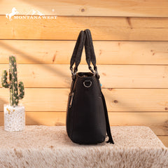 MW1358G-8120  Montana West Hair-On Hide Concealed Carry Tote Bag with Tooled Strap - Black