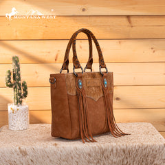 MW1358G-8120  Montana West Hair-On Hide Concealed Carry Tote Bag with Tooled Strap - Brown