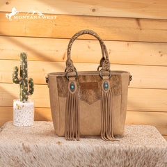 MW1358G-8120  Montana West Hair-On Hide Concealed Carry Tote Bag with Tooled Strap - Beige)