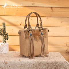 MW1358G-8120  Montana West Hair-On Hide Concealed Carry Tote Bag with Tooled Strap - Beige)