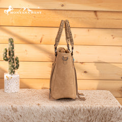 MW1358G-8120  Montana West Hair-On Hide Concealed Carry Tote Bag with Tooled Strap - Beige)