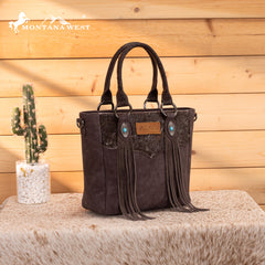 MW1358G-8120  Montana West Hair-On Hide Concealed Carry Tote Bag with Tooled Strap - Coffee