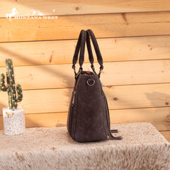 MW1358G-8120  Montana West Hair-On Hide Concealed Carry Tote Bag with Tooled Strap - Coffee