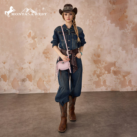 MW1366-8360DPK  Montana West Embossed Fringe Mini Crossbody -Dark Pink