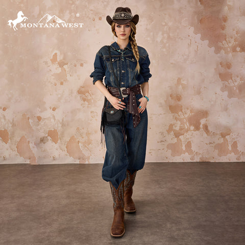 MW1366-8360BK   Montana West Embossed Fringe Mini Crossbody -Black